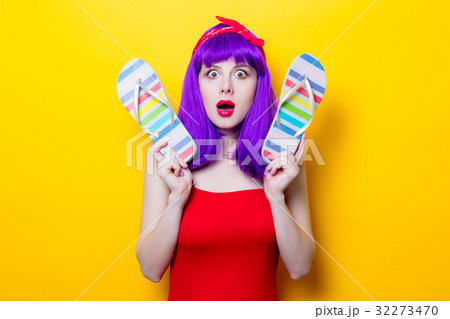 girl with purple color hair and sandal flip flops girl with purple color hair and sandal flip flops 32273470