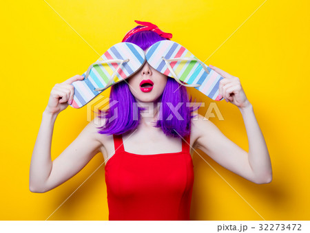girl with purple color hair and sandal flip flops 32273472