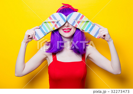 girl with purple color hair and sandal flip flops 32273473