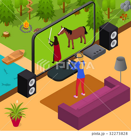 Play Video Game and Gamer Girl Isometric View 32273828