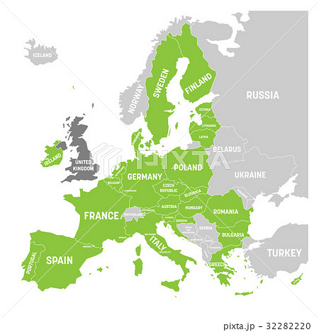 Map of Europe with green highlighted EU members. 32282220
