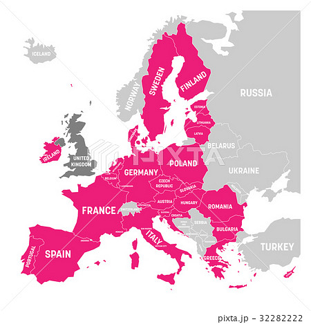 Map of Europe with pink highlighted EU members 32282222