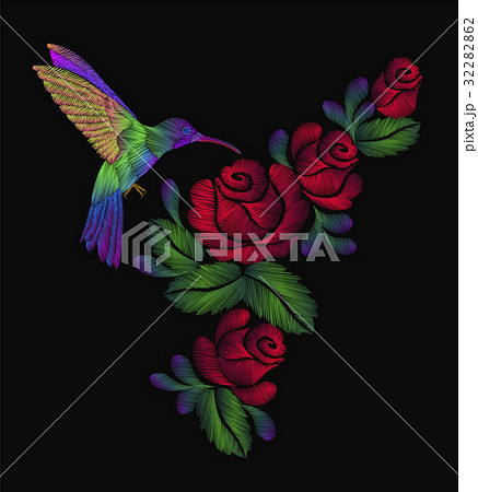 Embroidery lovely birds circling over the red rose 32282862