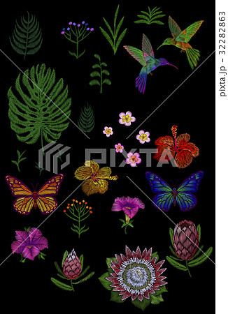 Custom tropic flower design. Set isolated exotic  32282863