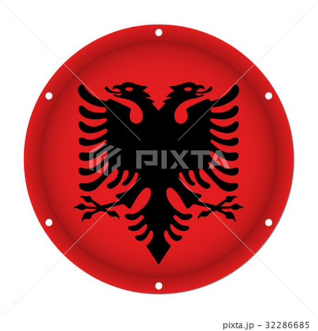 round metallic flag of Albania with screw holes