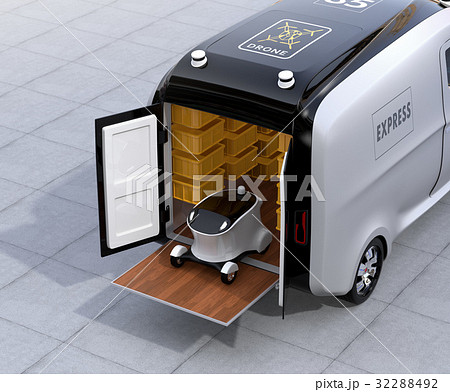 宅配バンのパワーゲートで自動配達ロボットを降し、荷物を配送するイメージ。ラスト１マイルコンセプト 32288492