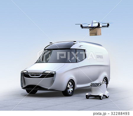 自動運転宅配車、配達ドローンとロボット。ラスト1マイルコンセプト 自動運転宅配車、配達ドローンとロボット。ラスト1マイルコンセプト 32288493
