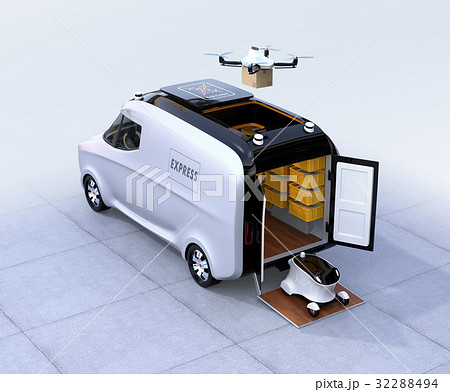 自動運転宅配車 配達ドローンとロボット ラスト１マイルコンセプトのイラスト素材