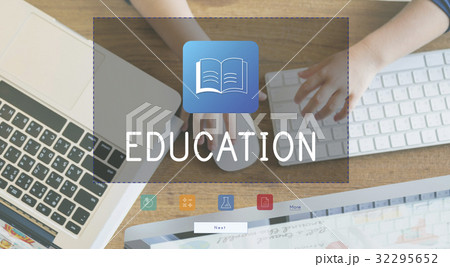 Aerial view of laptop and keyboard 32295652