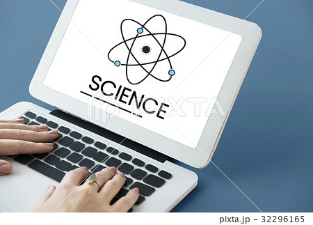 Hands working on laptop network graphic overlay 32296165