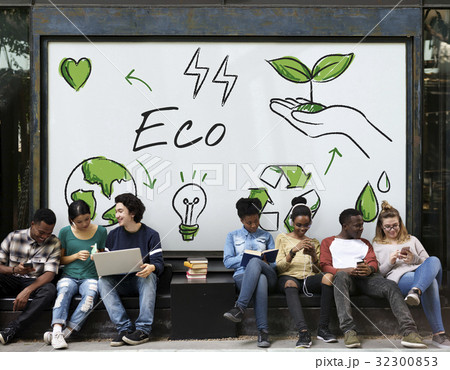 Diverse students sitting with environmental graphic background Diverse students sitting with environmental graphic background 32300853