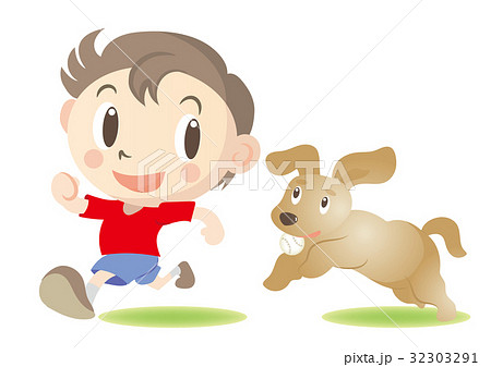 走っている子供と犬のイラスト素材