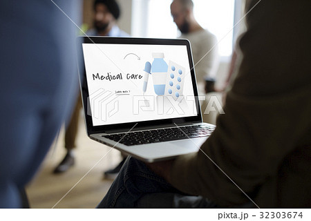 Network connection graphic overlay background on laptop screen 32303674