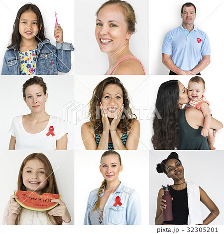 Collection of people with red ribbon for HIV/AIDS awareness 32305201