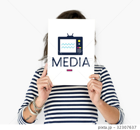 Woman holding banner network graphic overlay 32307637