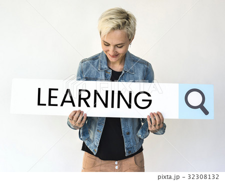 Woman holding search bar with development progress word Woman holding search bar with development progress word 32308132