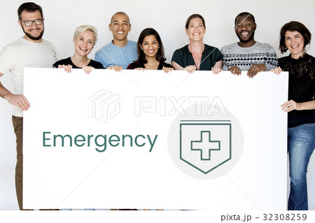 People holding network graphic overlay billboard together People holding network graphic overlay billboard together 32308259