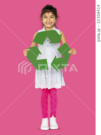 Ecology little girl holding recycle symbol 32308414