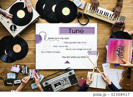 Workers working on billboard network graphic overlay on table 32308417