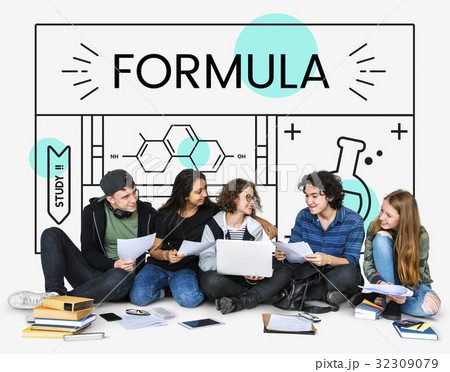 Group of students with illustration of science chemistry experiment study Group of students with illustration of science chemistry experiment study 32309079