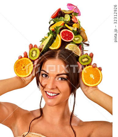 Hair mask from fresh fruits on woman head. Bare 32312926
