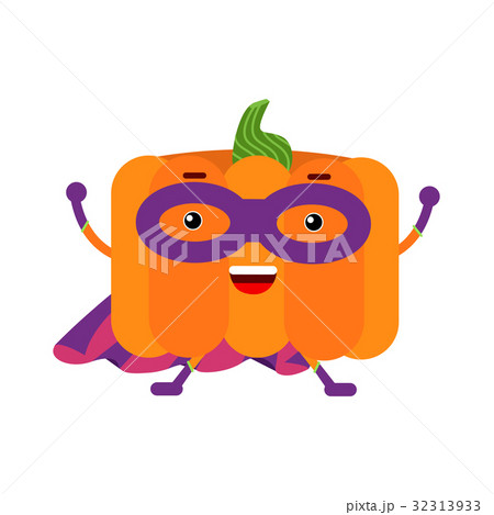 Cute cartoon pumpkin superhero in mask and purple 32313933