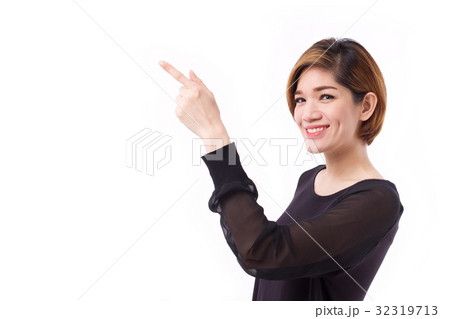 happy woman pointing hand and finger up happy woman pointing hand and finger up 32319713