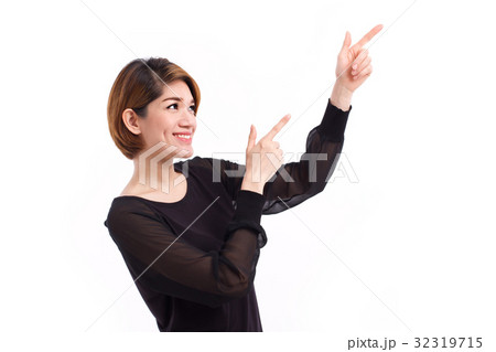 happy woman pointing hand and finger up happy woman pointing hand and finger up 32319715