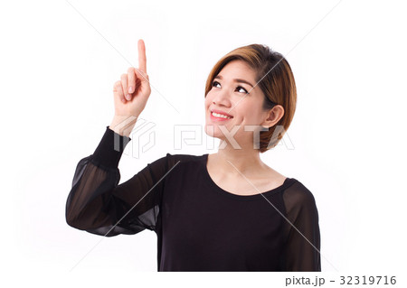 happy woman pointing hand and finger up happy woman pointing hand and finger up 32319716