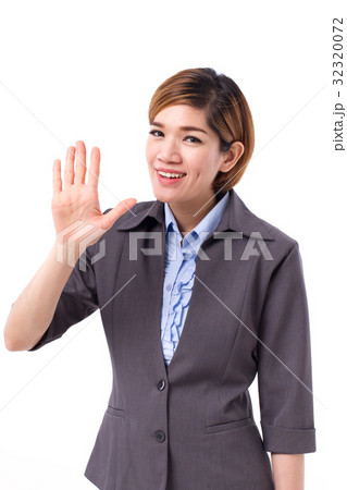 business woman pointing up five finger 32320072