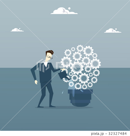 Business Man Watering Light Bulb Of Cog Wheels 32327484