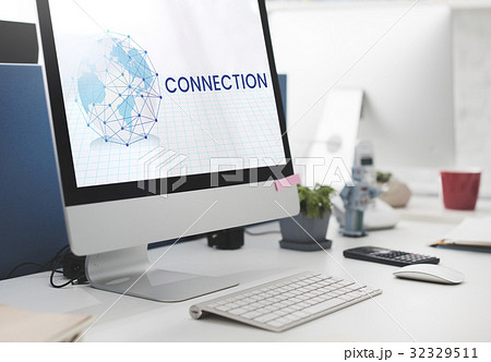 Network connection graphic overlay on computer Network connection graphic overlay on computer 32329511