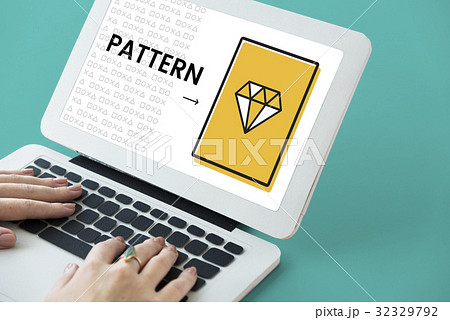 Hands working on laptop network graphic overlay 32329792