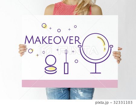 Woman holding illustration of beauty cosmetics makeover skincare banner Woman holding illustration of beauty cosmetics makeover skincare banner 32331103