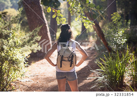Rear view of hiker standing on trail 32331854