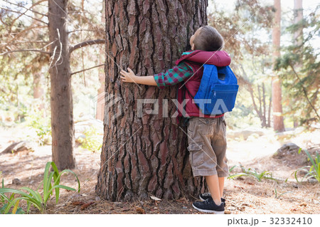 Rear view of boy embracing tree in forest Rear view of boy embracing tree in forest 32332410