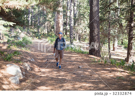 Happy hiker walking trail amidst trees Happy hiker walking trail amidst trees 32332874