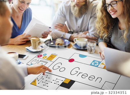 People working on network graphic overlay banner on desk 32334351