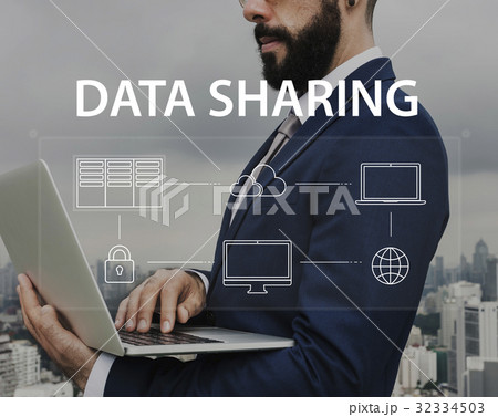 Man using computer cloud network graphic overlay 32334503