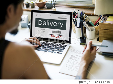 Man working on laptop network graphic overlay 32334740