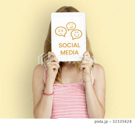 Woman holding digital device covering face network graphic overlay 32335628