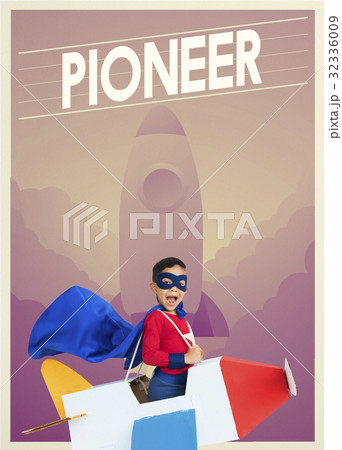 Superhero kid boy with paper plane toy and aspiration word graphic Superhero kid boy with paper plane toy and aspiration word graphic 32336009