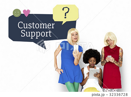 trendy women friends using digital devices with customer service word 32336728