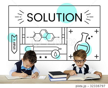 Group of students with illustration of science chemistry experiment study Group of students with illustration of science chemistry experiment study 32336797