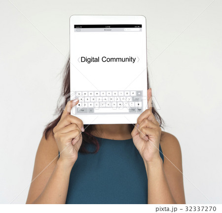 Woman holding network graphic overlay digital device covering face Woman holding network graphic overlay digital device covering face 32337270