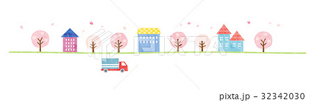 素材-かわいい家と車3（春の風景）テクスチャ 32342030