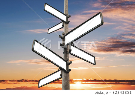 Empty blank road signpost, with sunset sky Empty blank road signpost, with sunset sky 32343851
