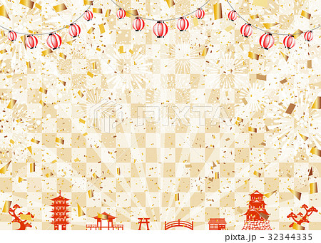 花火　提灯　金箔　市松背景 32344335