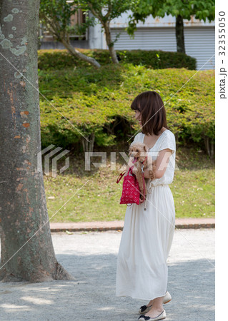 公園で散歩する愛犬と女性 公園で散歩する愛犬と女性 32355050