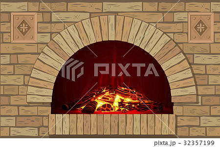 Ancient brick hearth with fire Ancient brick hearth with fire 32357199